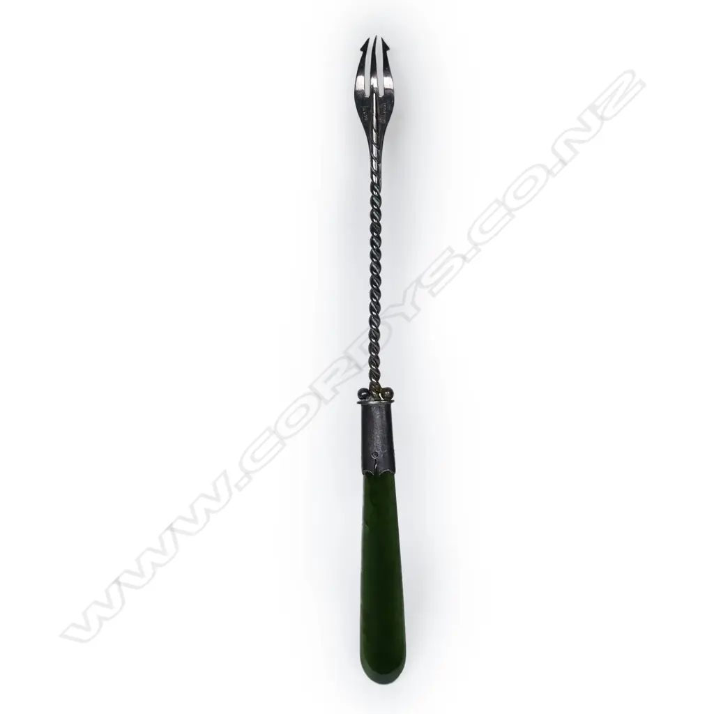 S.H. Drew (Wanganui) silver and greenstone pickle fork, Image 1++